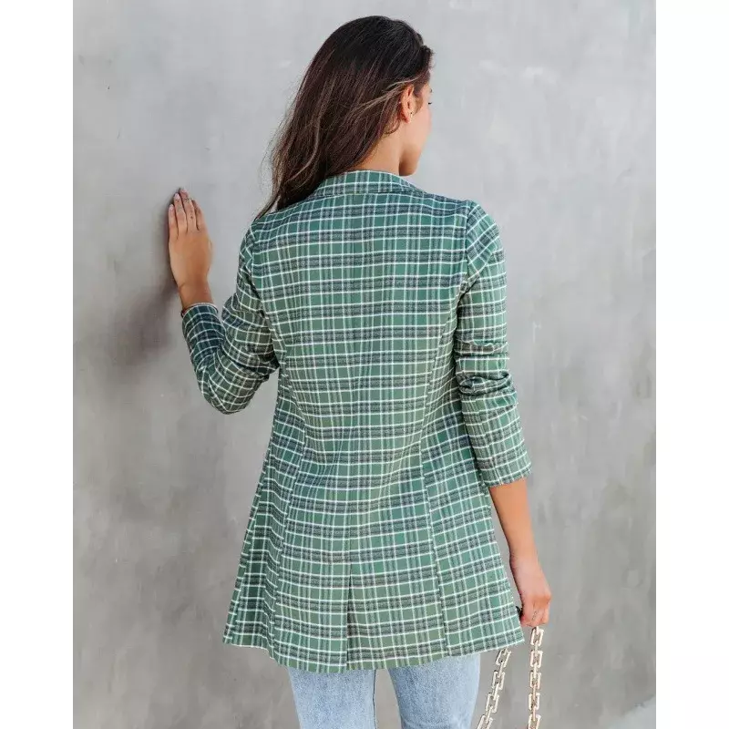 2023 Spring and Autumn Women's New Fashion Commuting Slim Fit Printed Plaid Casual Comfort Versatile Long Sleeve Coat