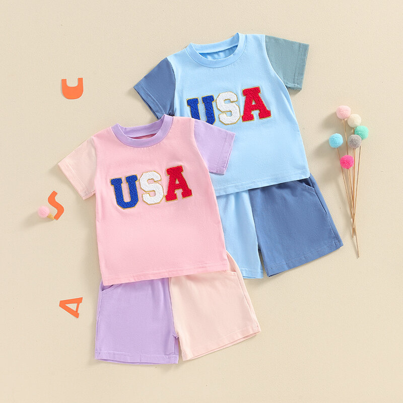 Lioraitiin Summer Baby Boys Girls 4th of July Outfits Short Sleeve Letter Embroidery Tops + Contrast Color Shorts Set Clothes