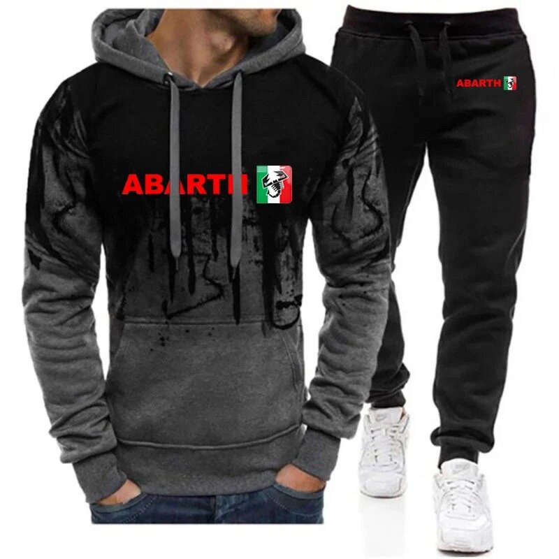 2024 Abarth Men's Brand Spring And Autumn Fashion Hooded Hoodies + Sweatpant Casual New Gradient Color Two Pieces Set