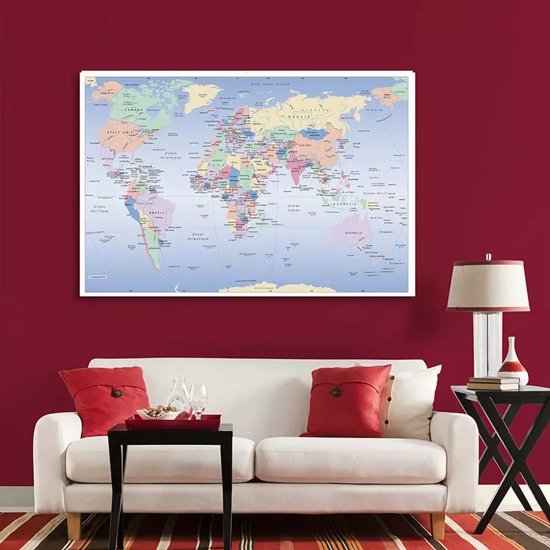 Mapa do mundo em francês grande cartaz, pintura não tecida, decoração de parede, decoração para crianças, material escolar, 225x150cm