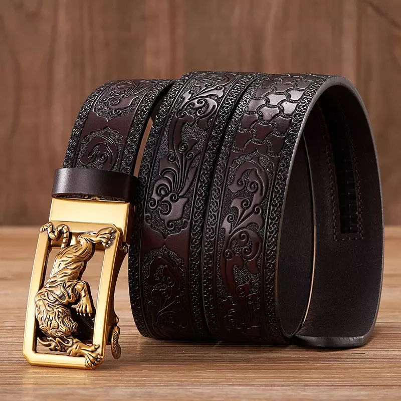 Fashion Tiger Buckle with Tang Grass Pattern Leather Belt for Men Work of Art Belt Automatic Buckle Business Belt