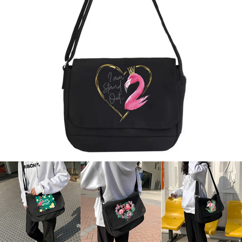 Bolso de viaje de lona para mujer y hombre, bolsa de mano informal de color negro con diseño de flamenco, bandolera de hombro para exteriores