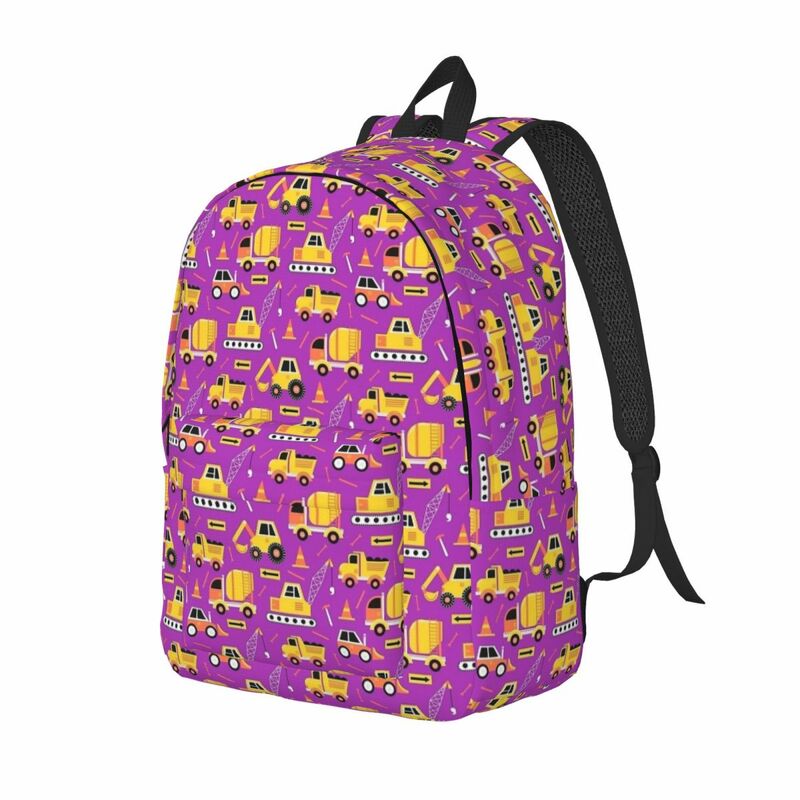 Tas ransel anak-anak, truk konstruksi On, ungu terang, tas buku sekolah siswa, tas sehari-hari kanvas, tas dasar prasekolah dengan saku