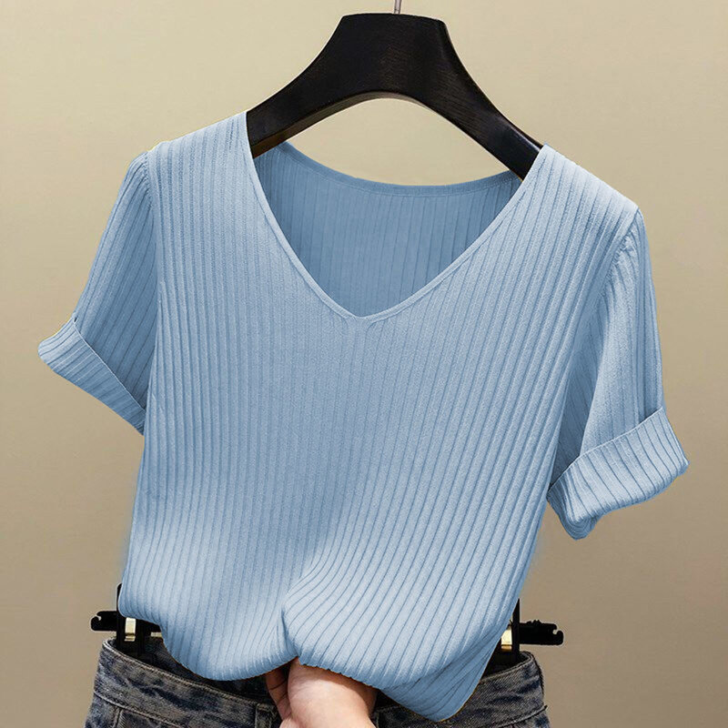 Женская футболка с коротким рукавом, V-образным вырезом и коротким рукавом