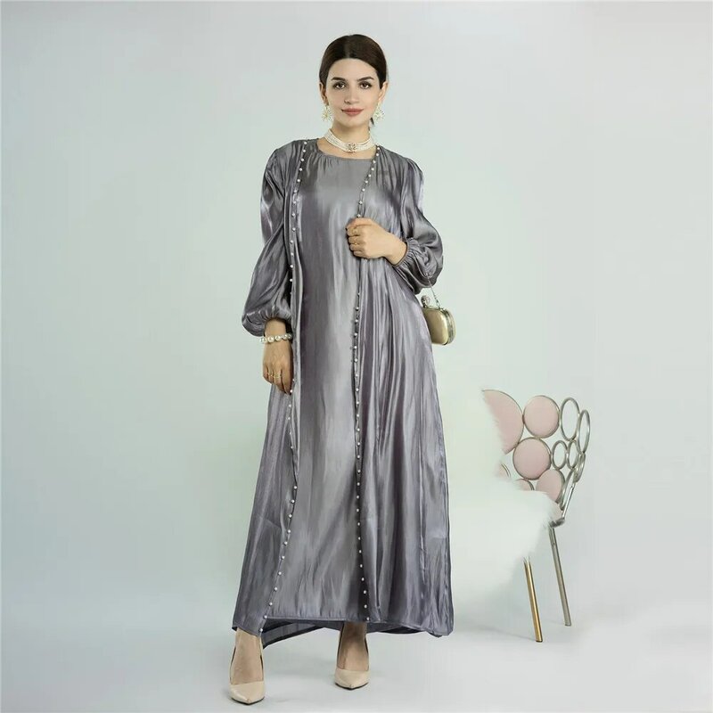 Glanzend Satijn 2 Stuk Moslim Voor Vrouwen Open Abaya Kimono Lange Maxi Jurk Kalkoen Kaftan Dubai Islam Eid Party Marocco Jurk Vestidos