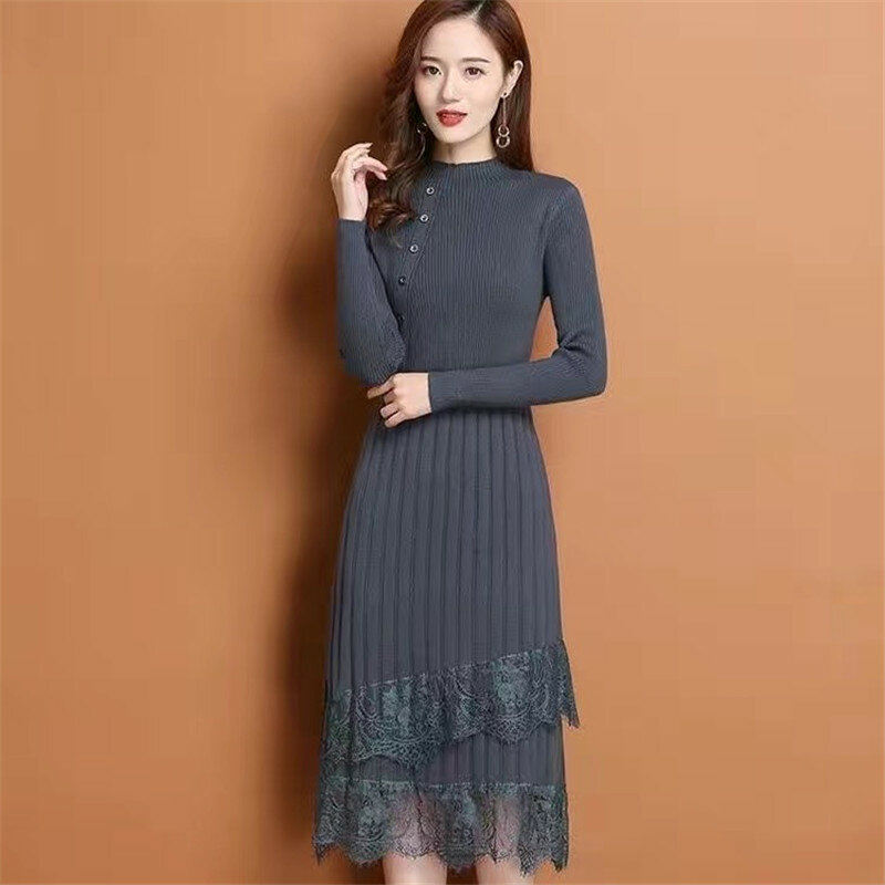 Vintage Knitted Dress Women's Autumn Winter Pullovers New Lace Matching Long Sweater Half High Collar Warm Bottoming Knitwears