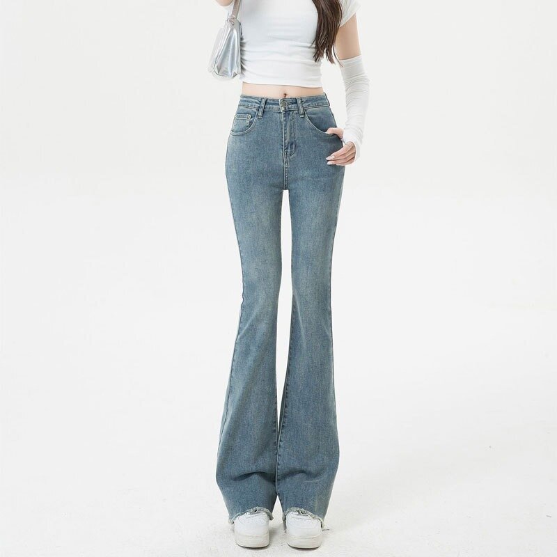 QWEEK pantaloni a zampa da donna primavera blu Office Lady vita alta Vintage elegante elastico gamba larga Jeans moda coreana Streetwear