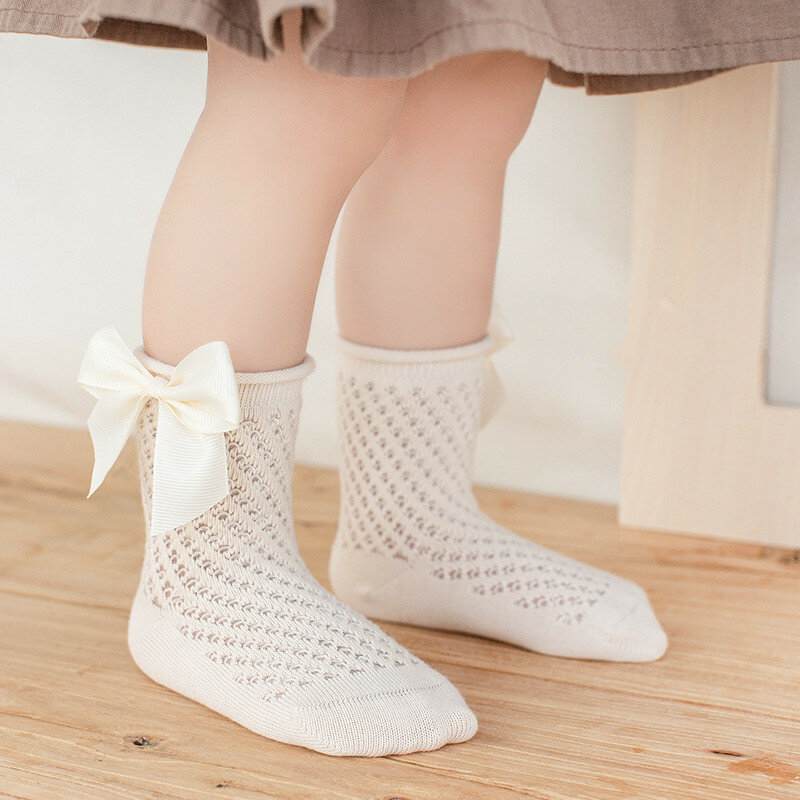 Детские носки в испанском стиле, милые однотонные длинные носки с большим бантом для маленьких девочек, с вырезами, в стиле ананасов