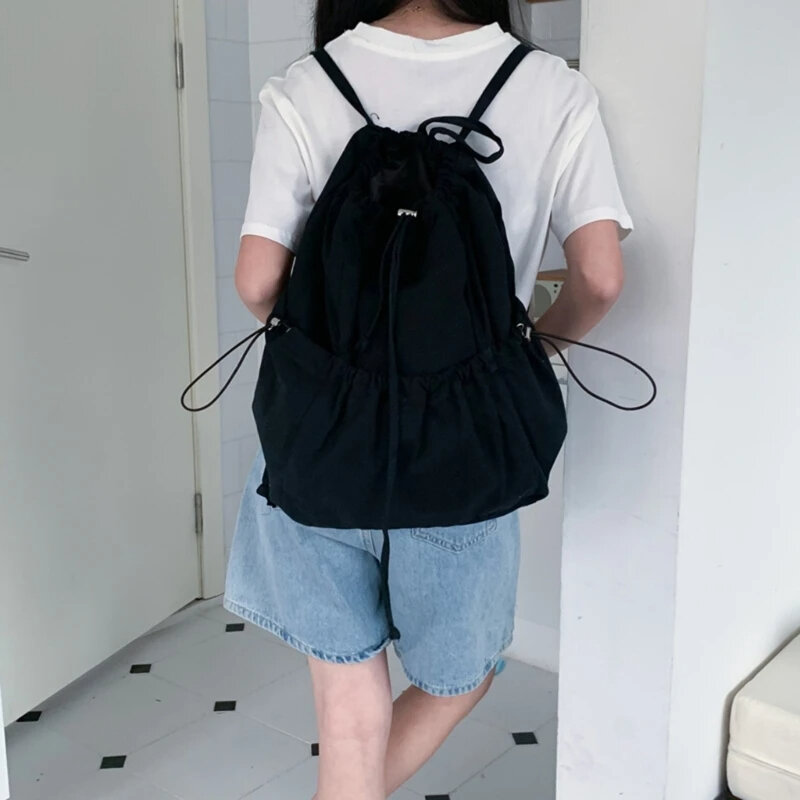 Jednolity kolor plisowany sznurek o dużej pojemności plecak na co dzień literatura płócienny składany plecak koreańska torba na ramię torebka