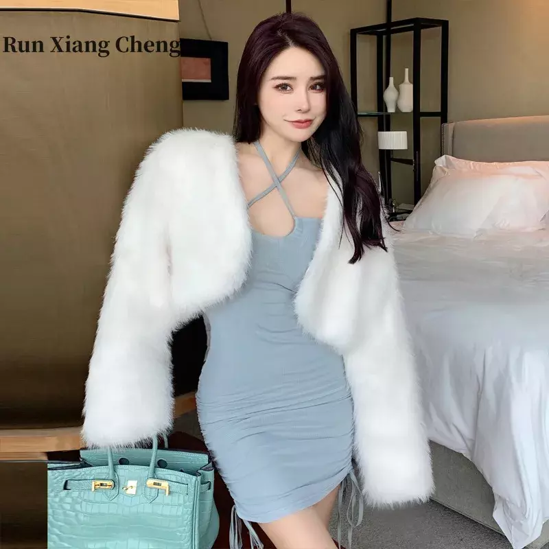 Runxiangcheng 여성용 고급 모피 코트, 인기 연예인 여우 모조 모피 탑, 무료 배송, 2023 가을 겨울 신상