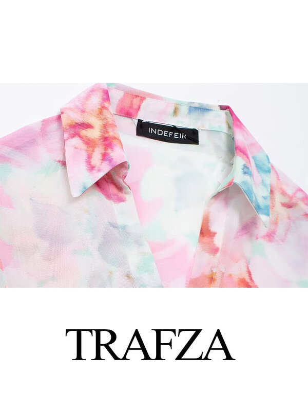 TRAFZA-Chemise à simple boutonnage pour femme, col rabattu, manches longues, nœud, col en V, robe à glissière à plusieurs niveaux, imprimé d'été