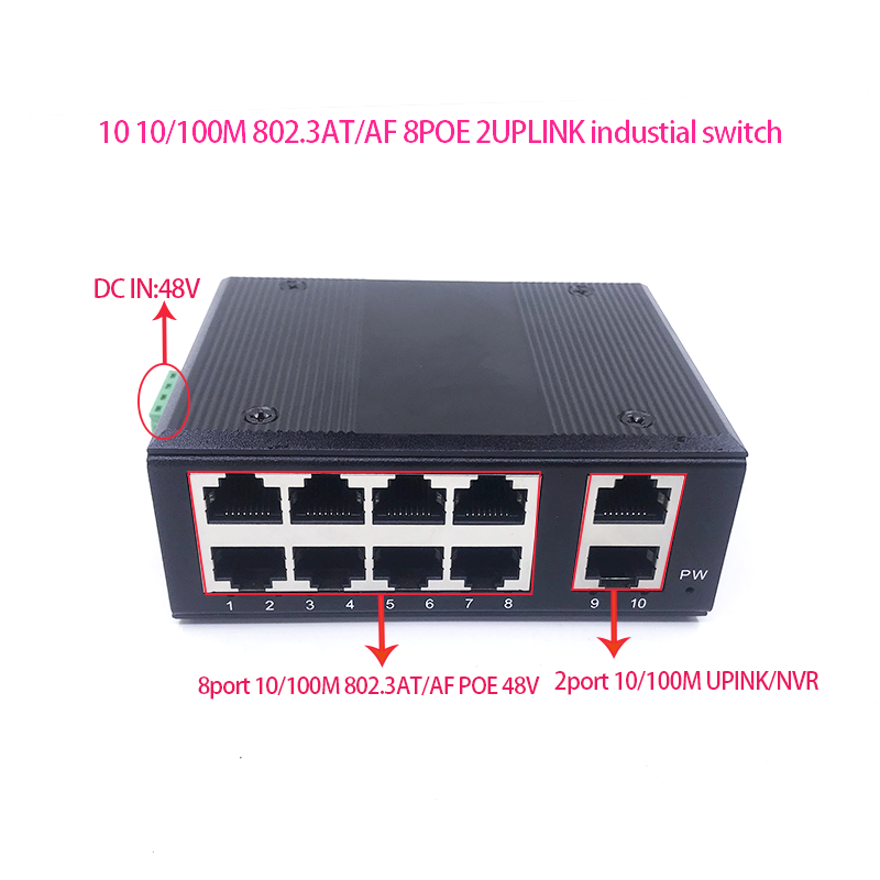 Protocolo estándar 802.3AF/AT 48V POE OUT/48V poe switch 100 mbps 8 puertos POE con 2 puertos uplink/NVR