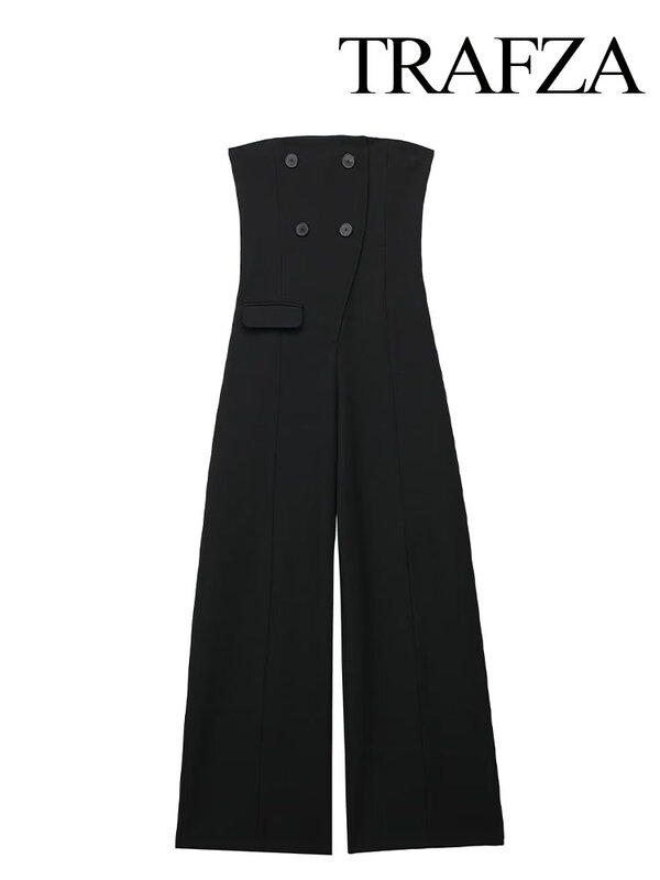 TRAFZA Women Elegant Strapless Jumpsuit Sexy Backless Sleeveless Jumpsuit Woman Black Buttons Fake Pocket Slim Long Jumpsuit