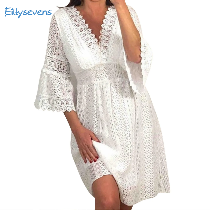 Women'S Lace V-Neck Dresses Summer New Fashion Trend Hollow Lace Flared Sleeve Dresses Daily Causal Party Home All-Match Dress