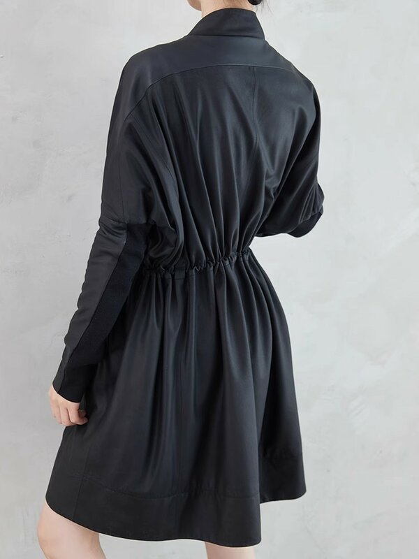 Casaco feminino couro legítimo preto solto folgado cano médio comprido cordão tricotado design manga vento
