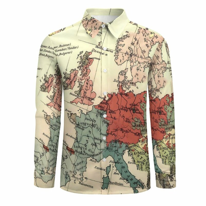 قميص جمالي كبير الحجم بأكمام طويلة للرجال ، بلوزات خريفية غير رسمية ، ملابس عالمية عتيقة ، هدية ، خريطة أوروبا ، العالم