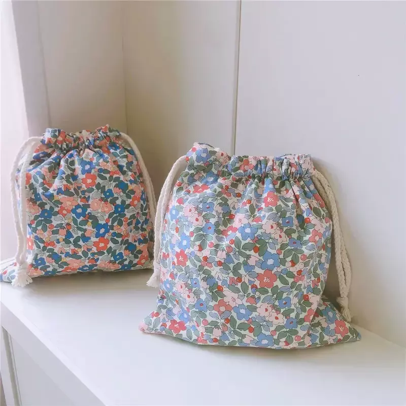 THW4-1 Floral Drawstring Cosmetic Bag for Women Portable Cotton Makeup Organizer