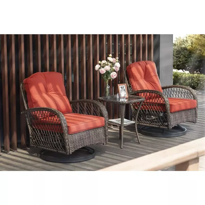 3 Pieces Patio Furniture Set, Outdoor Swivel Glider Rocker, Wicker Patio Bistro Set with Rocking Chair, Cushions and Table (Red)