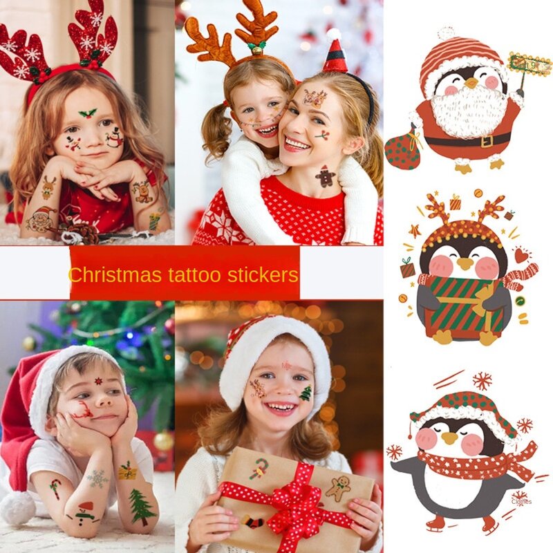 Pegatinas de tatuaje de Navidad, calcomanías temporales impermeables de larga duración para fiesta, decoración artística corporal