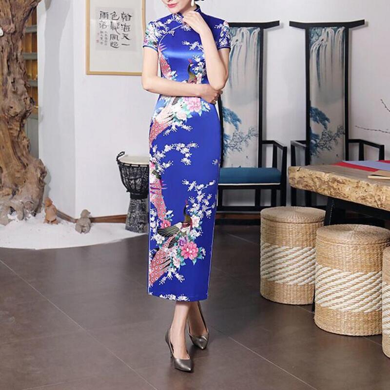 Vestido floral de gola com estampa estilo nacional chinês, cheongsam estampado, divisão lateral alta, verão