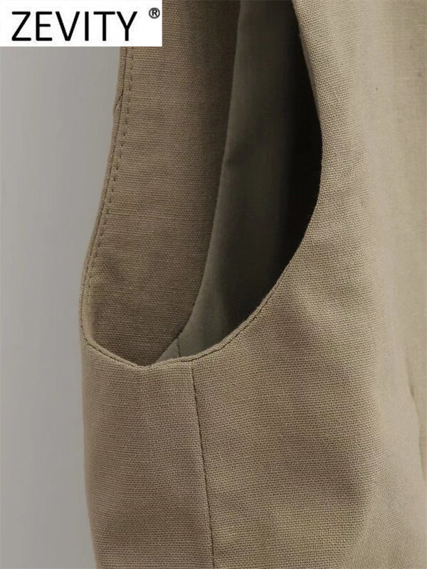 Zevity Женская мода V-образный вырез без рукавов однобортный льняной жилет куртка Офисная Женская Повседневная тонкая безрукавка Топы CT1642