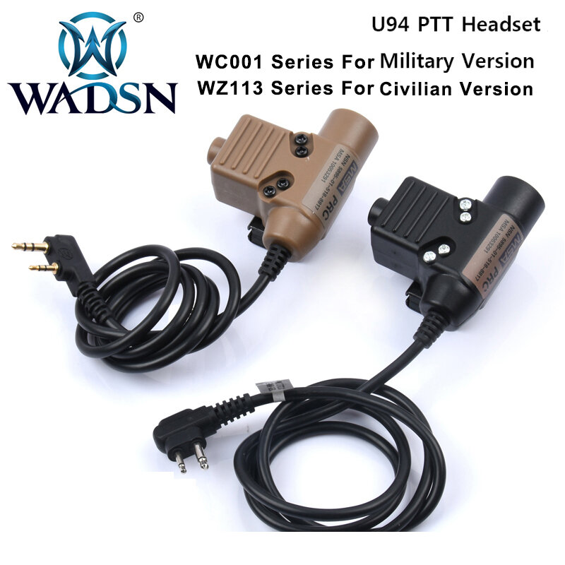 Wadsn-tático headset militar up94 ptt kenwood fit, rádio baofeng, empurre para falar, plugue de cabo com botão