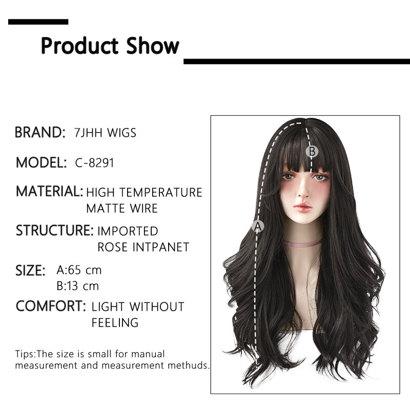 7JHH-Peluca de cabello sintético con flequillo para mujer, cabellera larga de onda profunda, color marrón ceniza, a la moda, rulos gruesos, Lolita