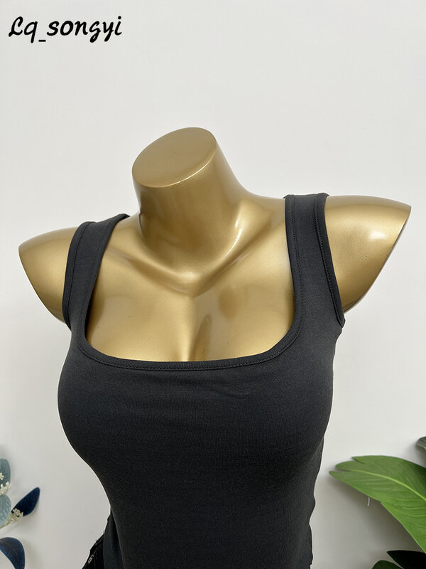 Lq_songyi Square Neck Camis Women with Chest Pads Slim Sleeveless Top Wide Strap Crop Tank Tops Female Elegant Solid Camisole