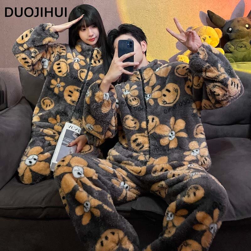 Duojihui-女性のためのクラシックなスペルカラーパジャマセット、ベーシックジッパー、カップルカーディガン、ゆったりパンツ、厚い暖かい女性のパジャマ、冬