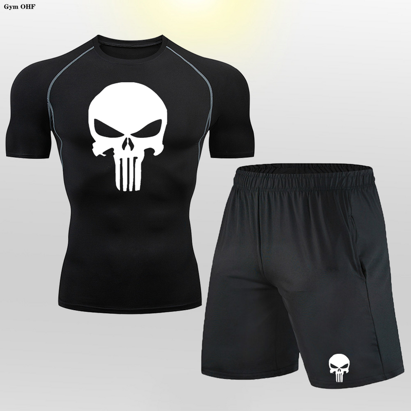 Anime Skull Rashgard pria set kaus celana pendek kaus kompresi Tracksuit pendek pakaian olahraga kebugaran lari latihan Gym pria