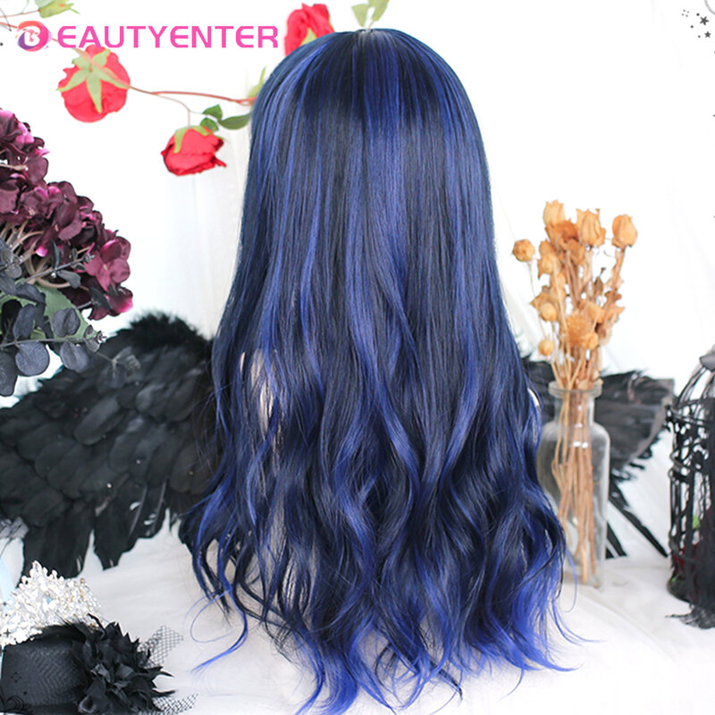Synthetic wig Lolita wig Blue highlight black large wave curls Natural long hair curls For Cosplay With Bangs