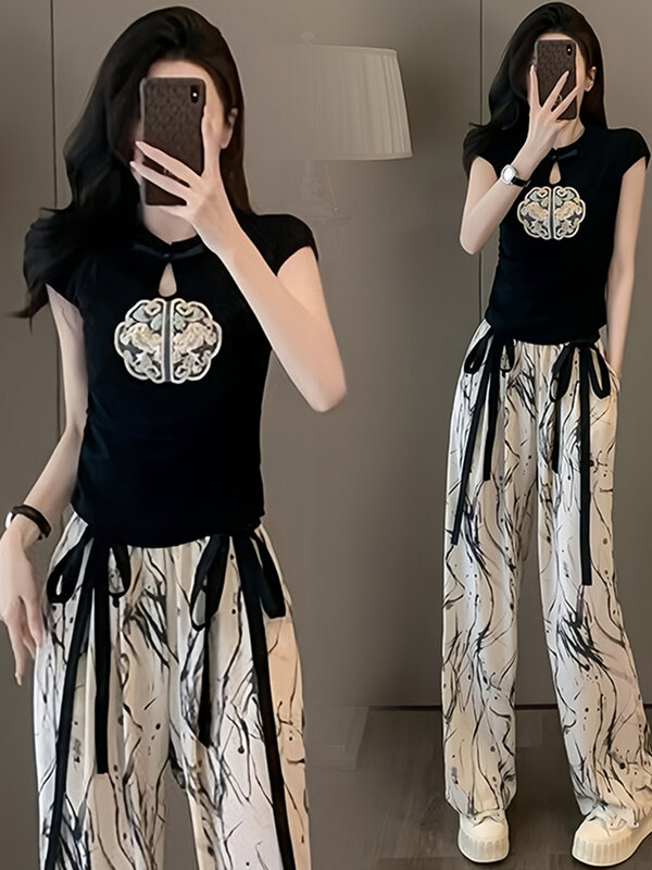 Chinesischer Stil Kurzarm Anzug weibliche Conjuntos de Pantalones 2024 Sommer schlanke Top Hose mit weitem Bein 2 Stück Sets Frauen Outfits