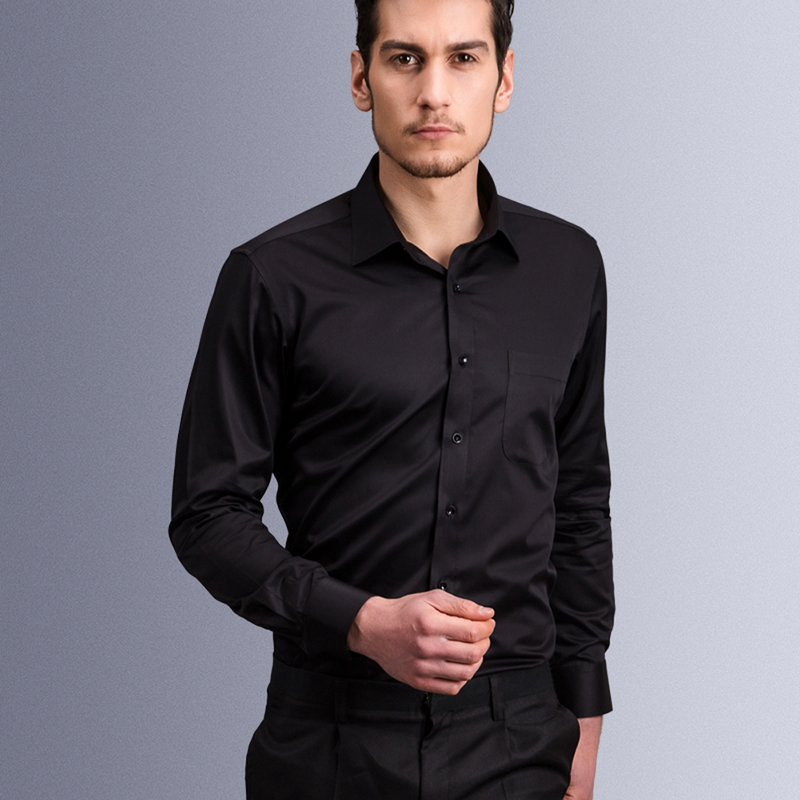 Camisa masculina de manga comprida de botão com bolso no peito, camisa madura para banquete de namoro, cor sólida, moda primavera e outono