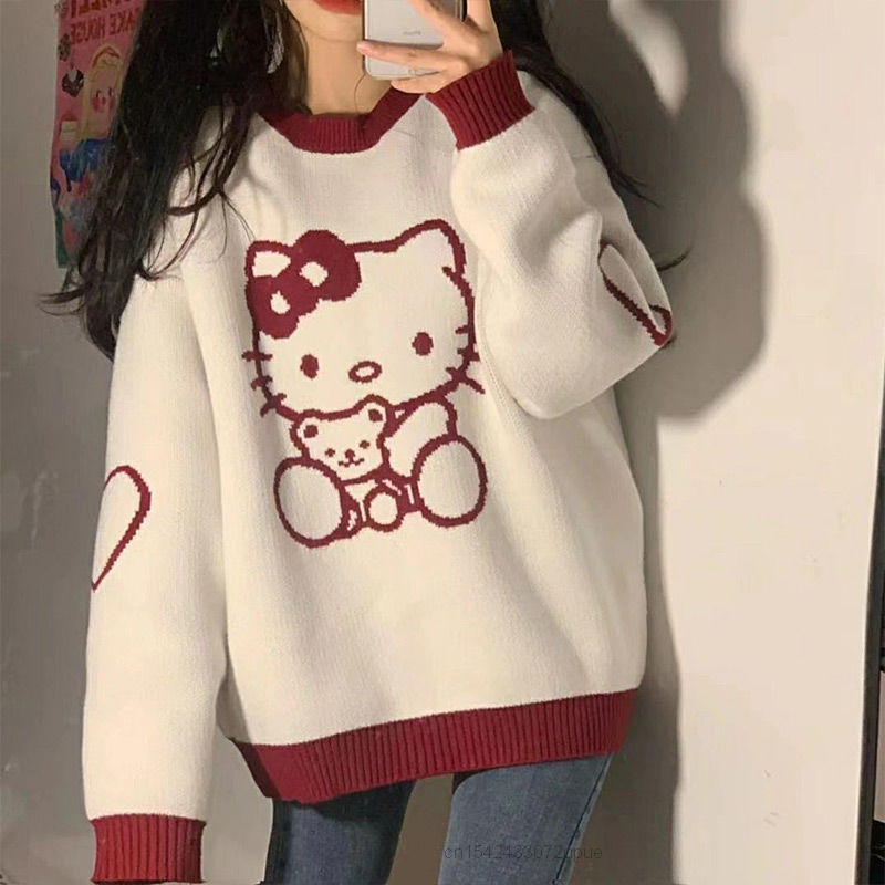Sanrio Sweater lengan panjang wanita, atasan Sweater warna longgar leher O Hello Kitty musim gugur