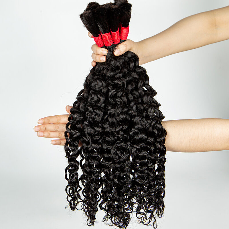 MissDona Virgin Hair Braiding Bundles Water Wave Hair Extensions Natural Color Curly 100% Human Hair Bulk for Boho Braids