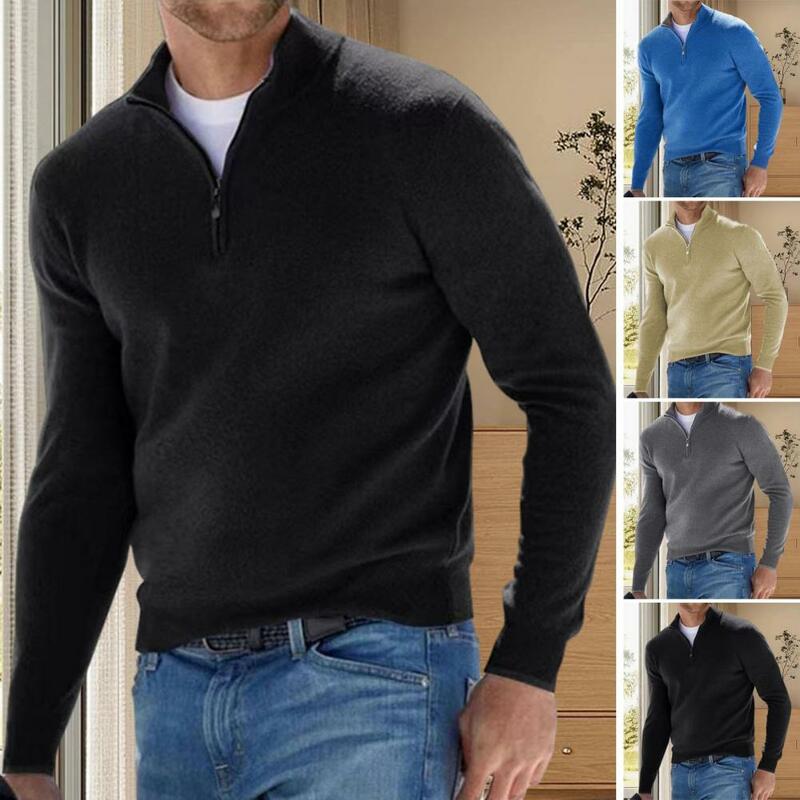 Men Solid Color Sweater Men's Fall Winter Stand Collar Sweater with Zipper Neck Slim Fit Solid Color Elastic Long for Neck