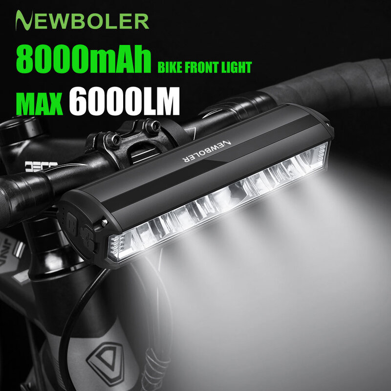 NEWBOLER จักรยานแสงด้านหน้า6000Lumen Bike Light 8000MAh กันน้ำไฟฉาย USB ชาร์จ MTB โคมไฟอุปกรณ์เสริม