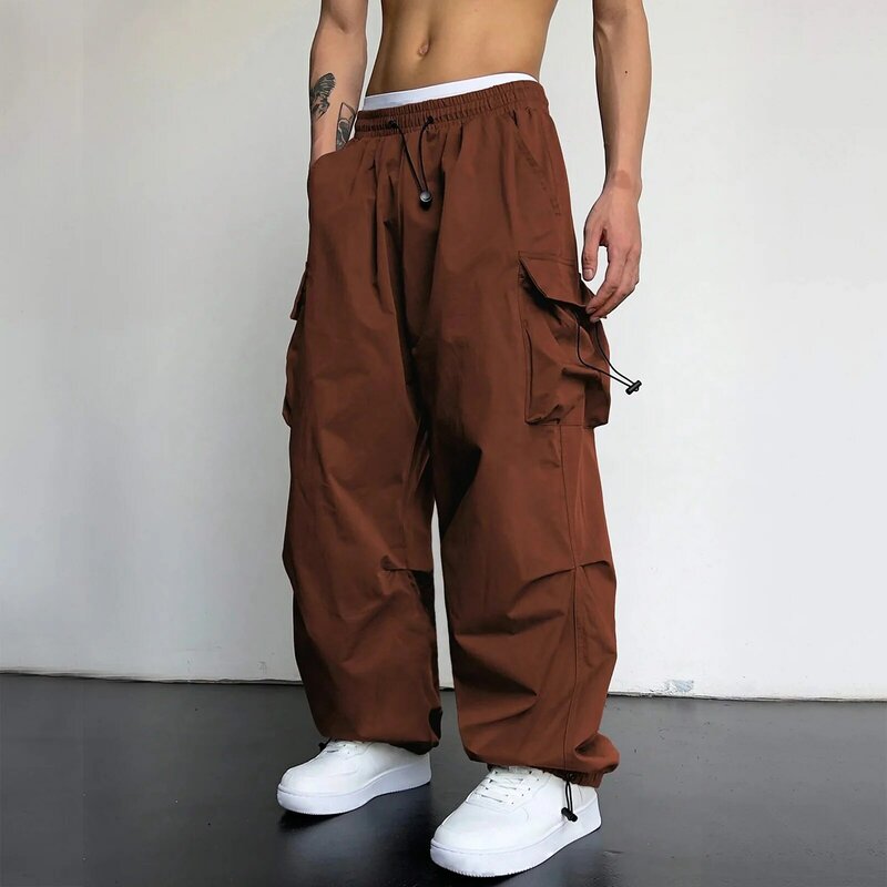 Harajuku calças grandes para homens, streetwear sólido, calças multi-flap bolso, casual, ao ar livre, solto, Y2k