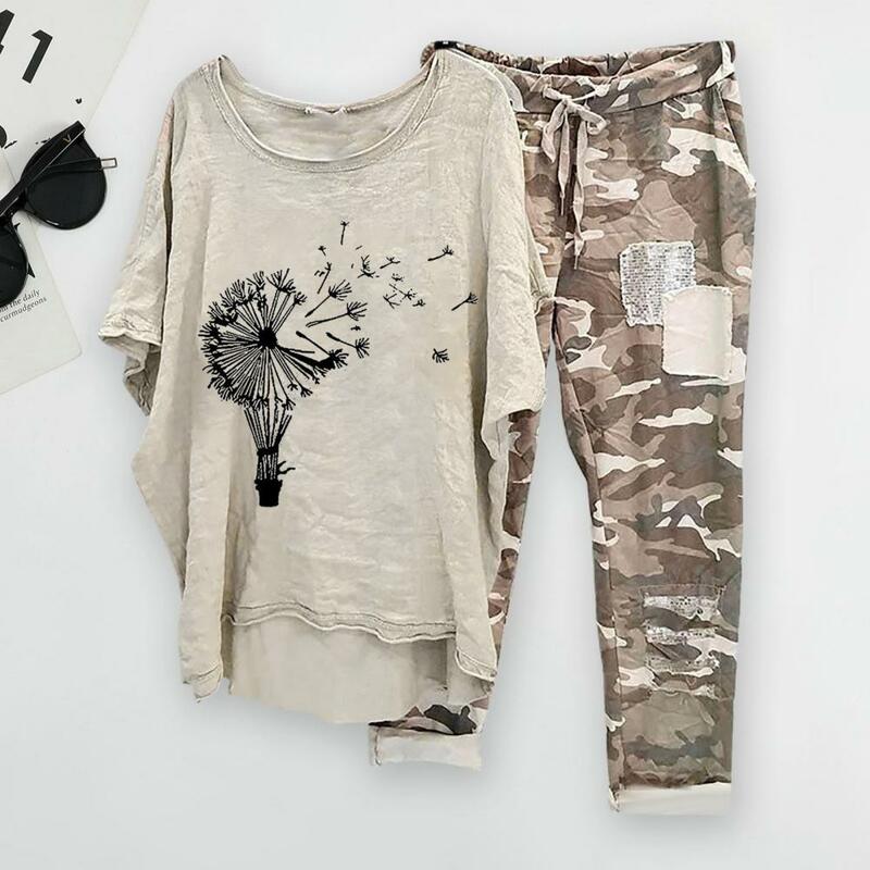 Шикарный комплект из двух предметов с принтом одуванчика, свободные длинные штаны на шнуровке, летняя футболка и брюки, женская одежда