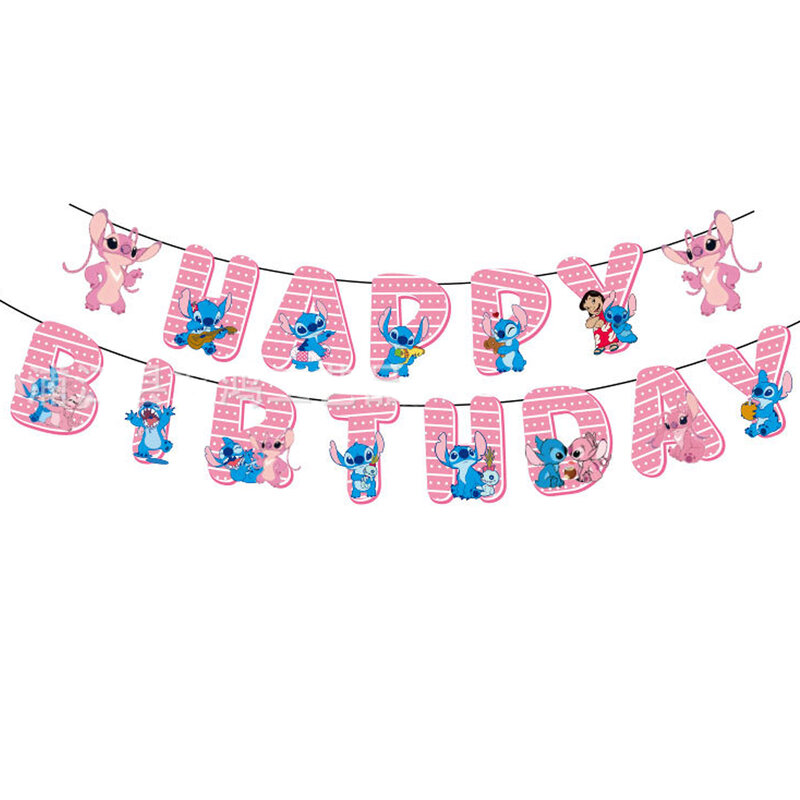 Pink Stitch Theme Birthday Flags Decorações, Hanging Banner, Baby Shower Eventos Fontes do partido, Bunting, Kids Favors, DIY, 1 conjunto por lote