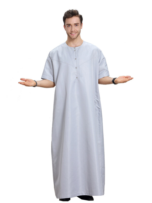 Mens Solid Color Robes Saudi Style Button Jubba Thobe Man Vintage Short Sleeve O Neck Muslim Arabic Ramadan Islamic Clothing