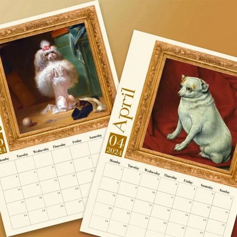 Dziwne średniowieczne psy 2024 kalendarz dziwne renesansowe psy 2024 Retro kalendarz ścienny średniowieczne psy kalendarz ścienny