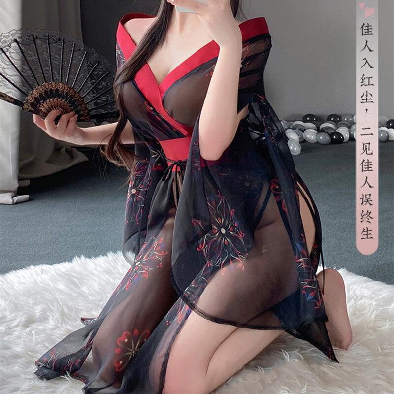 Japanese Sexy Kimono Printed Bathrobe Cosplay Perspective Costume Belt Set Women's Traditional Chiffon Underwear Deep V Pajamas