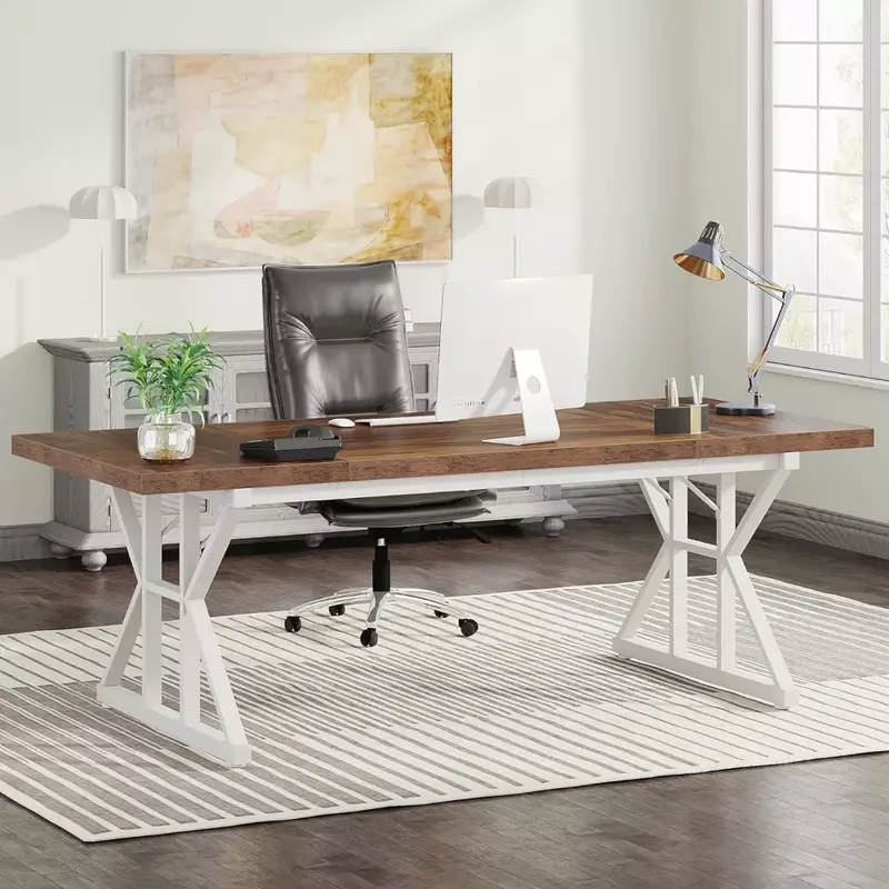 Офисный стол 70,8 дюйма, современный ноутбук в минималистичном стиле, офисный стол, письменный стол, для дома (коричневый/белый, 70,8 дюйма)
