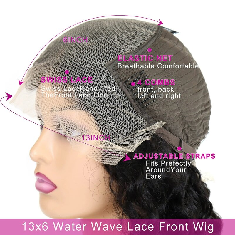 Peluca Frontal de encaje de onda de agua para mujeres negras, pelucas de cabello humano completo, peluca Frontal de onda profunda suelta húmeda y ondulada HD, 30, 34 pulgadas