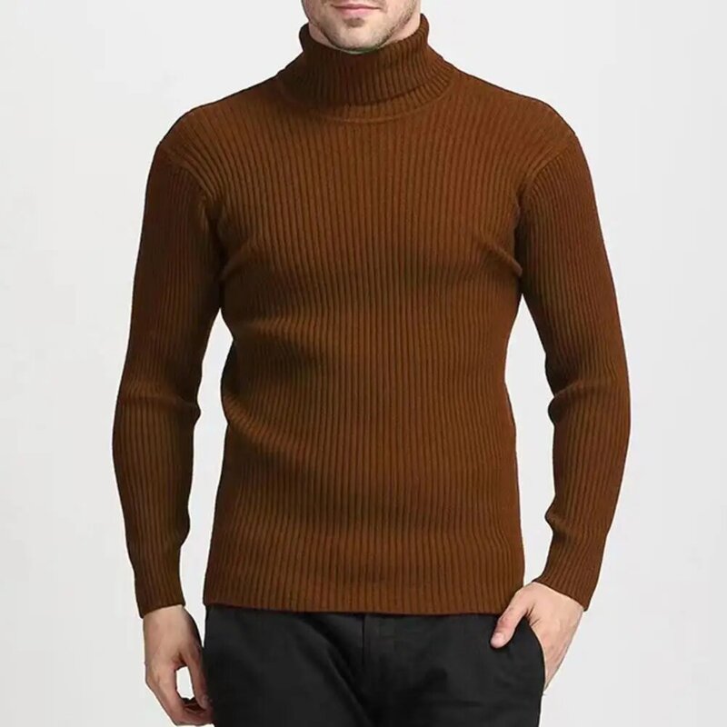 Suéter de malha de gola alta masculino, blusa gola alta, assentamento com nervuras slim fit, pulôver monocromático, quente, outono, inverno