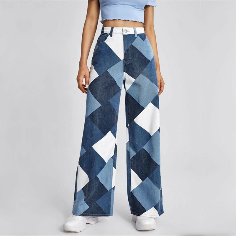 2024 Women'S Multi Color Stitching Printed Pants Straight Tube Printed Long Trousers Checkered Loose And Slim Wide Leg Pants