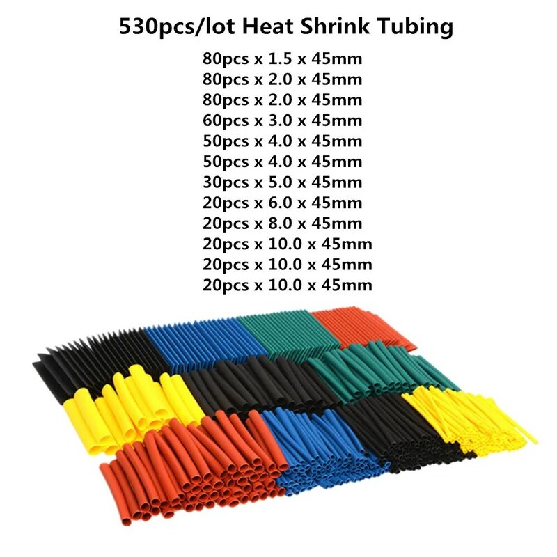 Assortiment de manchons de câble thermorétractables en polyoléfine, 530 pièces, 2:1, 8 tailles 1.5-10mm, étanches, multicolores