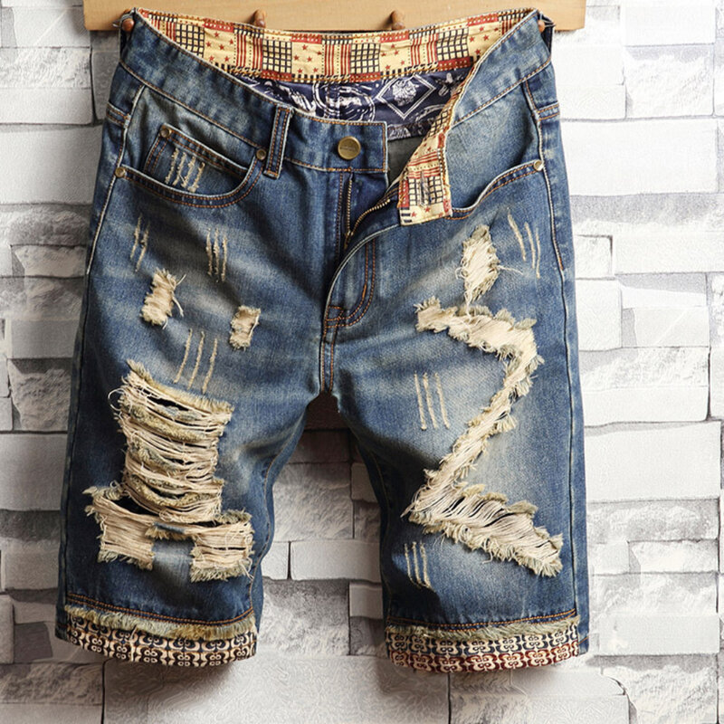 Hole Vintage Men Jeans Shorts Denim Distressed Knee Length Pockets Spliced Cuffs Skinny Washed Punk Style Ripped Mid Waist 2024