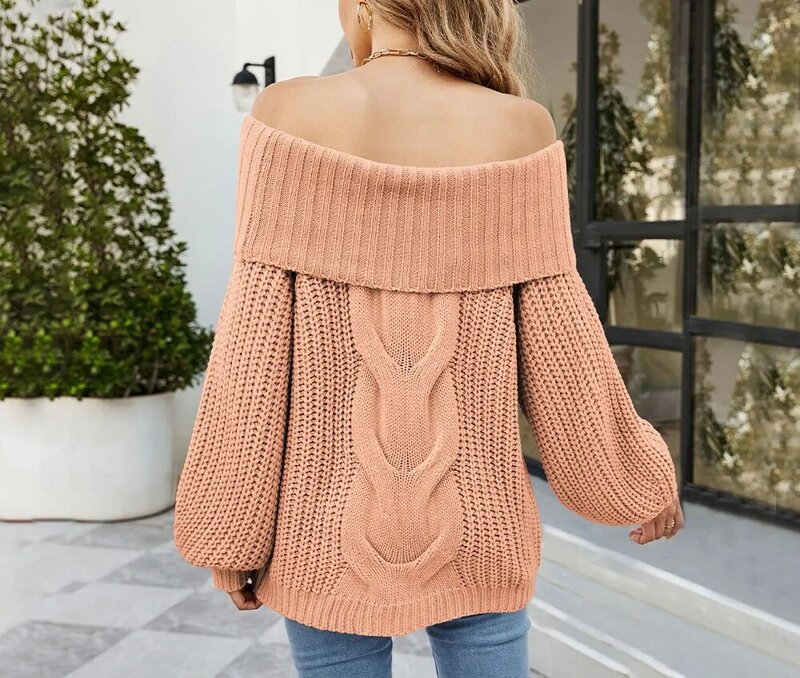 Autumn and Winter New Off Shoulder Sexy Button Rope Knitwear Women's Wide Truffle Shoulder Sweater